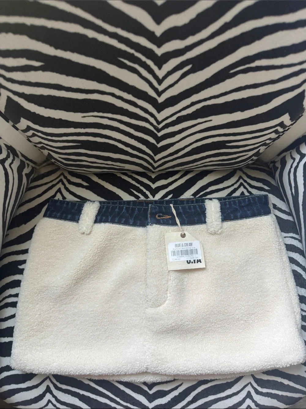 SER.O.YA Cream Mini Skirt with Denim-Style Blue Waistband